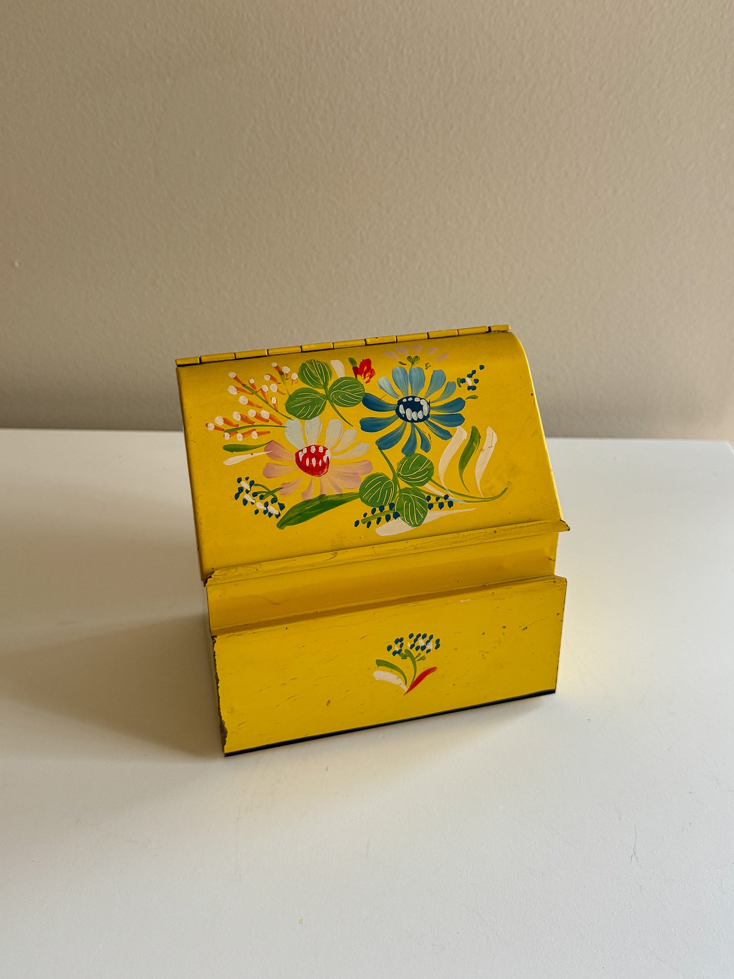 Vintage 1950's Ransburg Yellow Hand Painted Flowers Metal Recipe Box