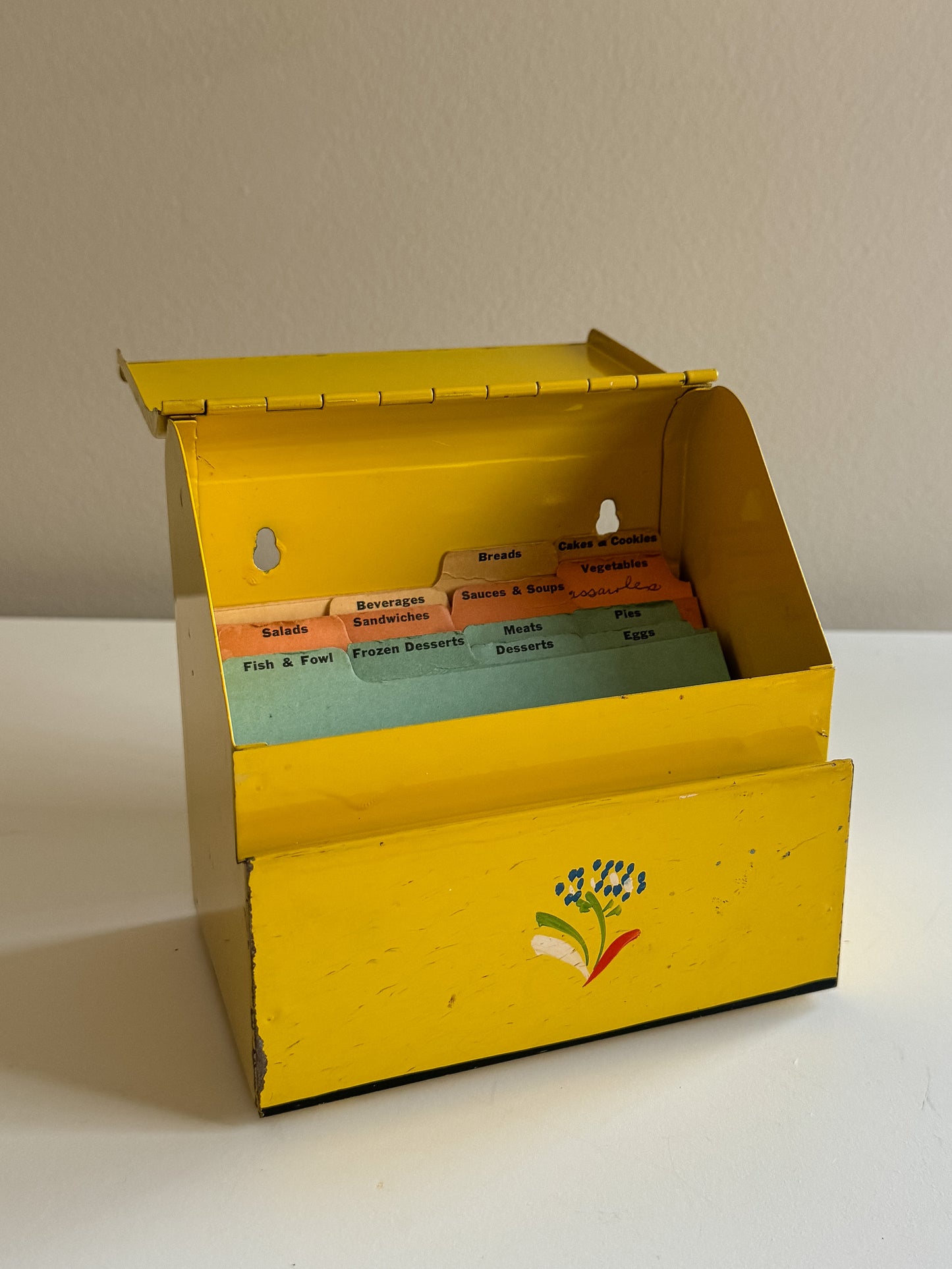 Vintage 1950's Ransburg Yellow Hand Painted Flowers Metal Recipe Box