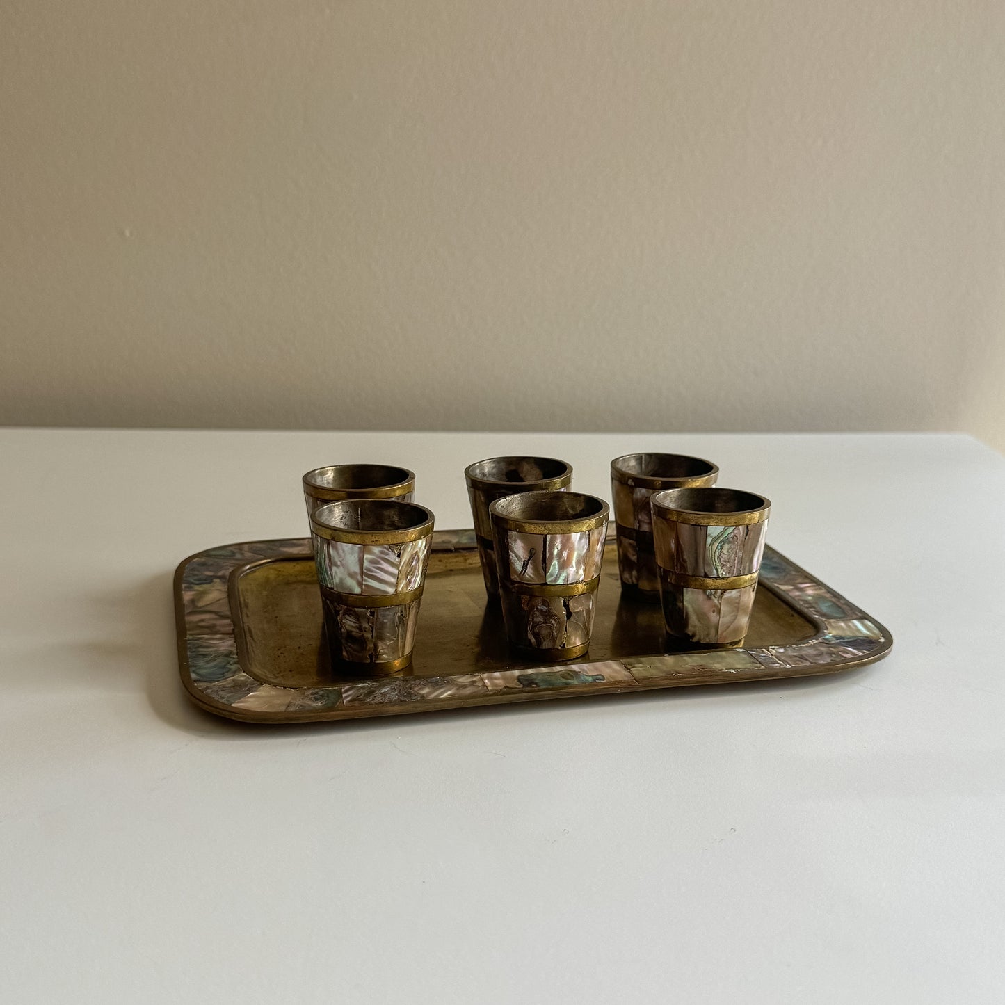 Vintage 1950's MCM Abalone Shell & Brass Shot Glasses and Tray Set Made in Mexico