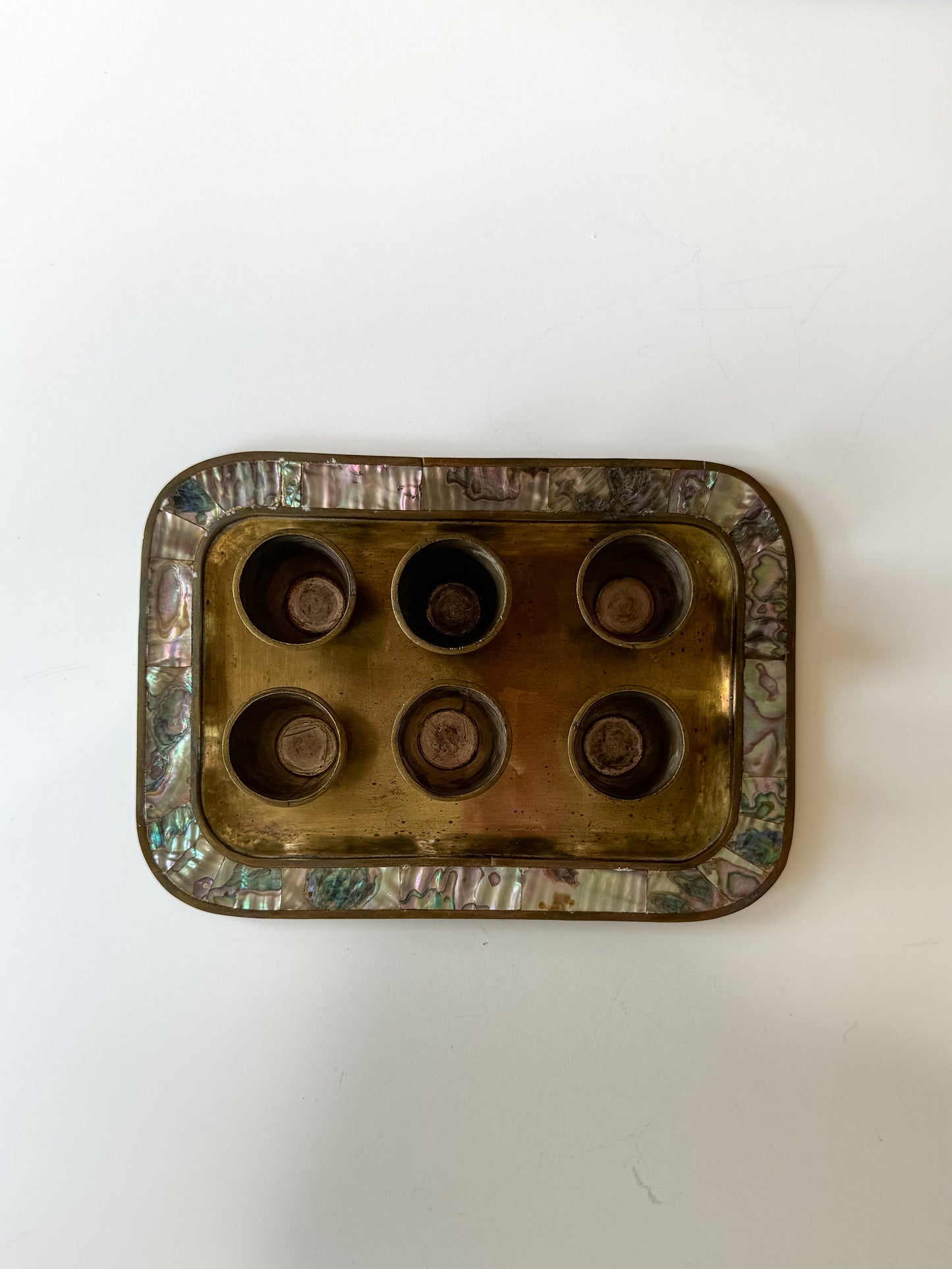 Vintage 1950's MCM Abalone Shell & Brass Shot Glasses and Tray Set Made in Mexico