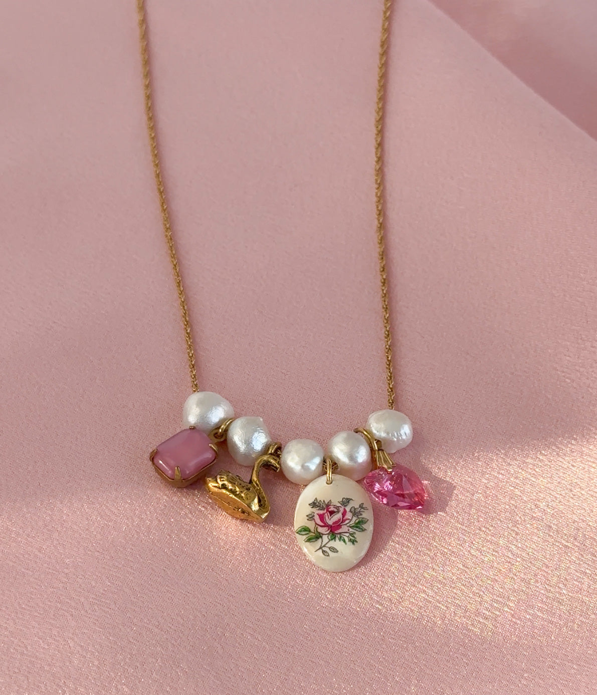 Rose Swan Charm Necklace