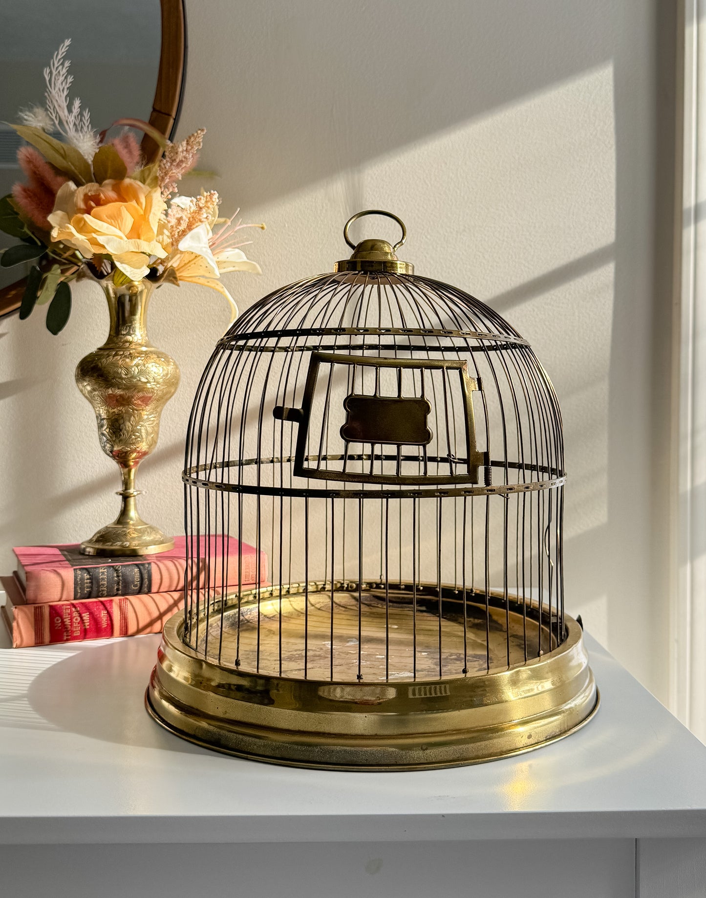 Antique 1900s Victorian Vintage Solid Brass Round Dome Hanging Bird Cage