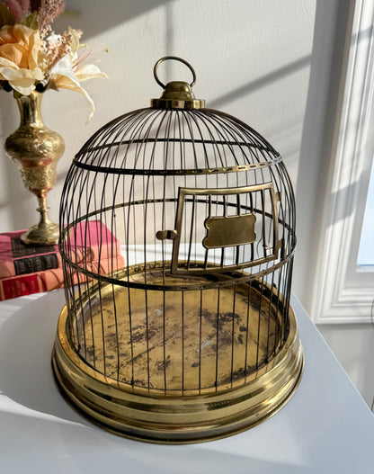 Antique 1900s Victorian Vintage Solid Brass Round Dome Hanging Bird Cage