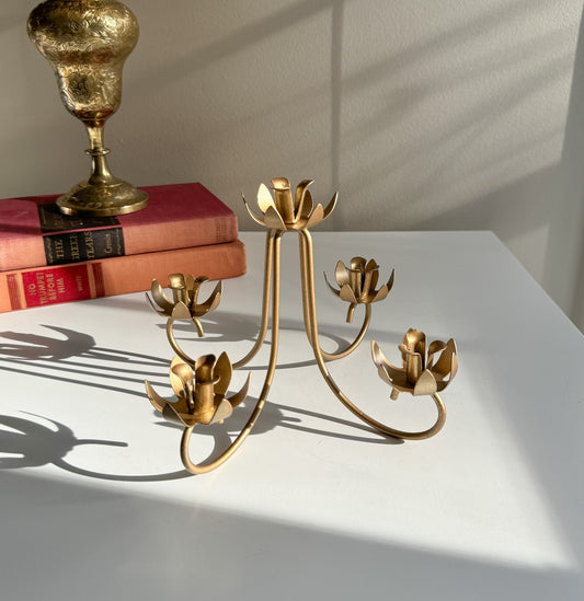 Elegant Mid Century Gold Floral Lotus Candle Stick Base Stand Candelabra