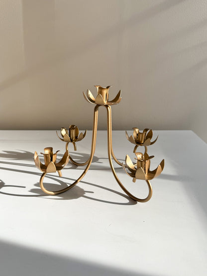 Elegant Mid Century Gold Floral Lotus Candle Stick Base Stand Candelabra