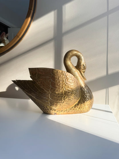 Vintage MCM Large Solid Brass Swan Planter