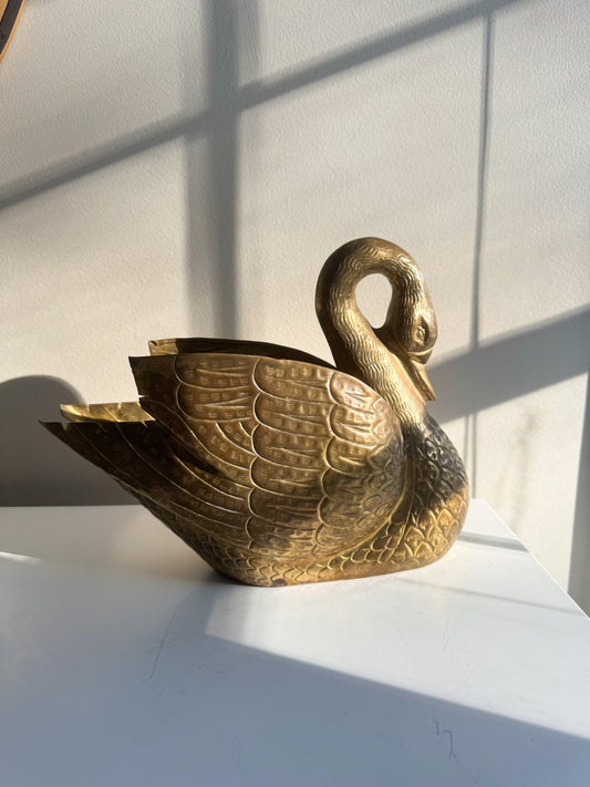 Vintage MCM Large Solid Brass Swan Planter