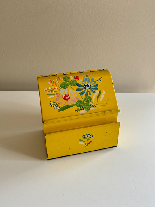 Vintage 1950's Ransburg Yellow Hand Painted Flowers Metal Recipe Box