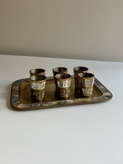 Vintage 1950's MCM Abalone Shell & Brass Shot Glasses and Tray Set Made in Mexico