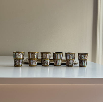 Vintage 1950's MCM Abalone Shell & Brass Shot Glasses and Tray Set Made in Mexico