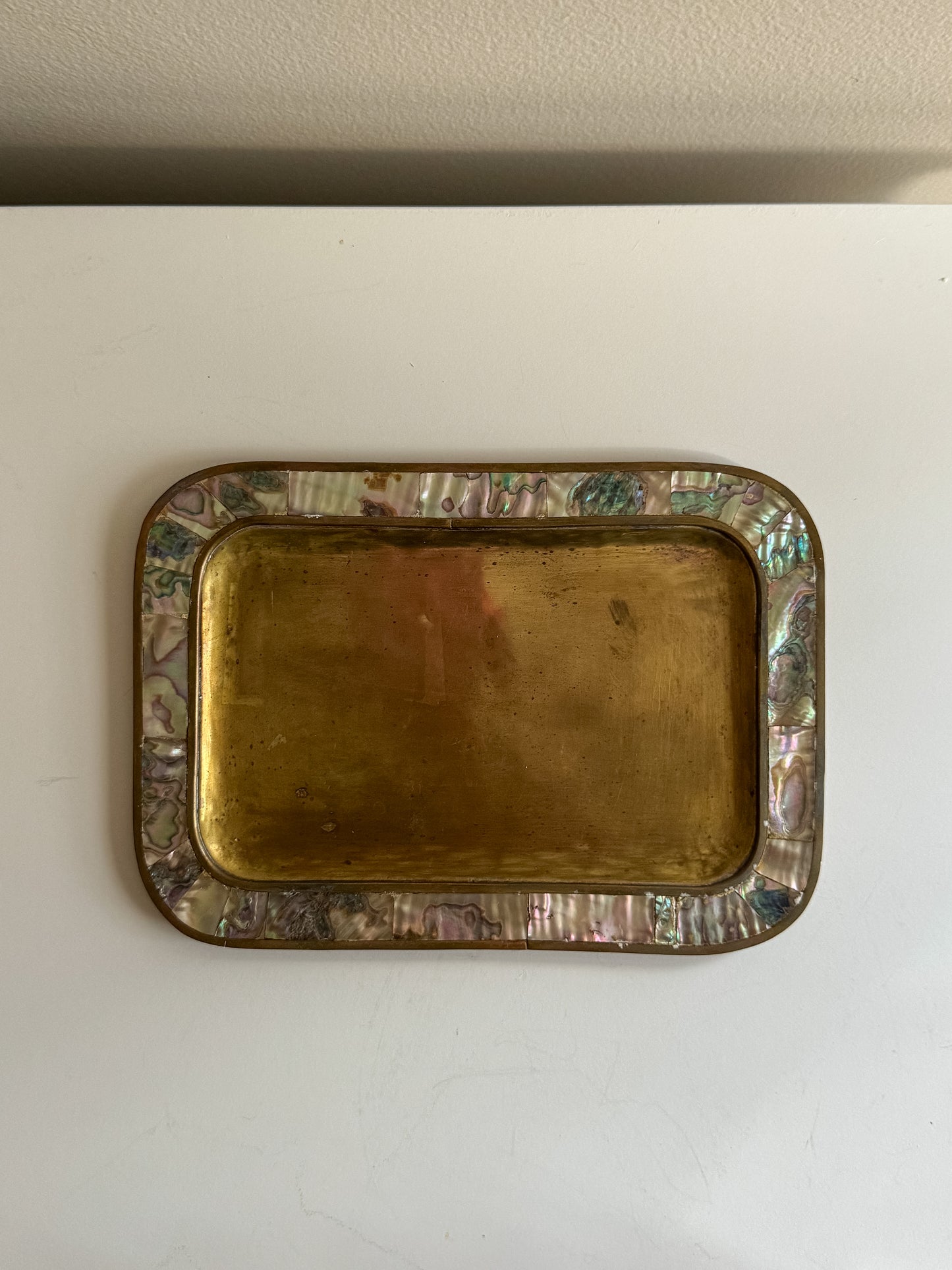 Vintage 1950's MCM Abalone Shell & Brass Shot Glasses and Tray Set Made in Mexico