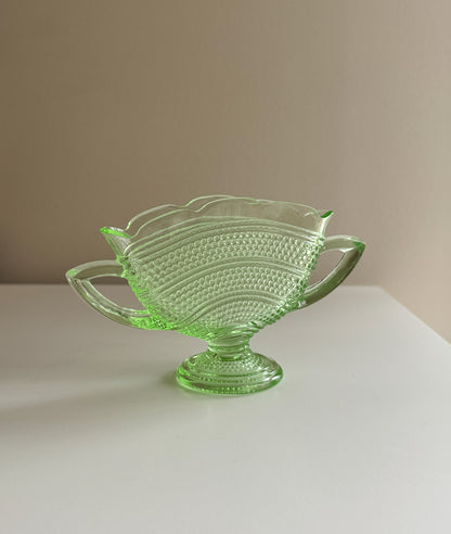 Vintage Uranium Vaseline Green Hobnail Fan Vase With Handles