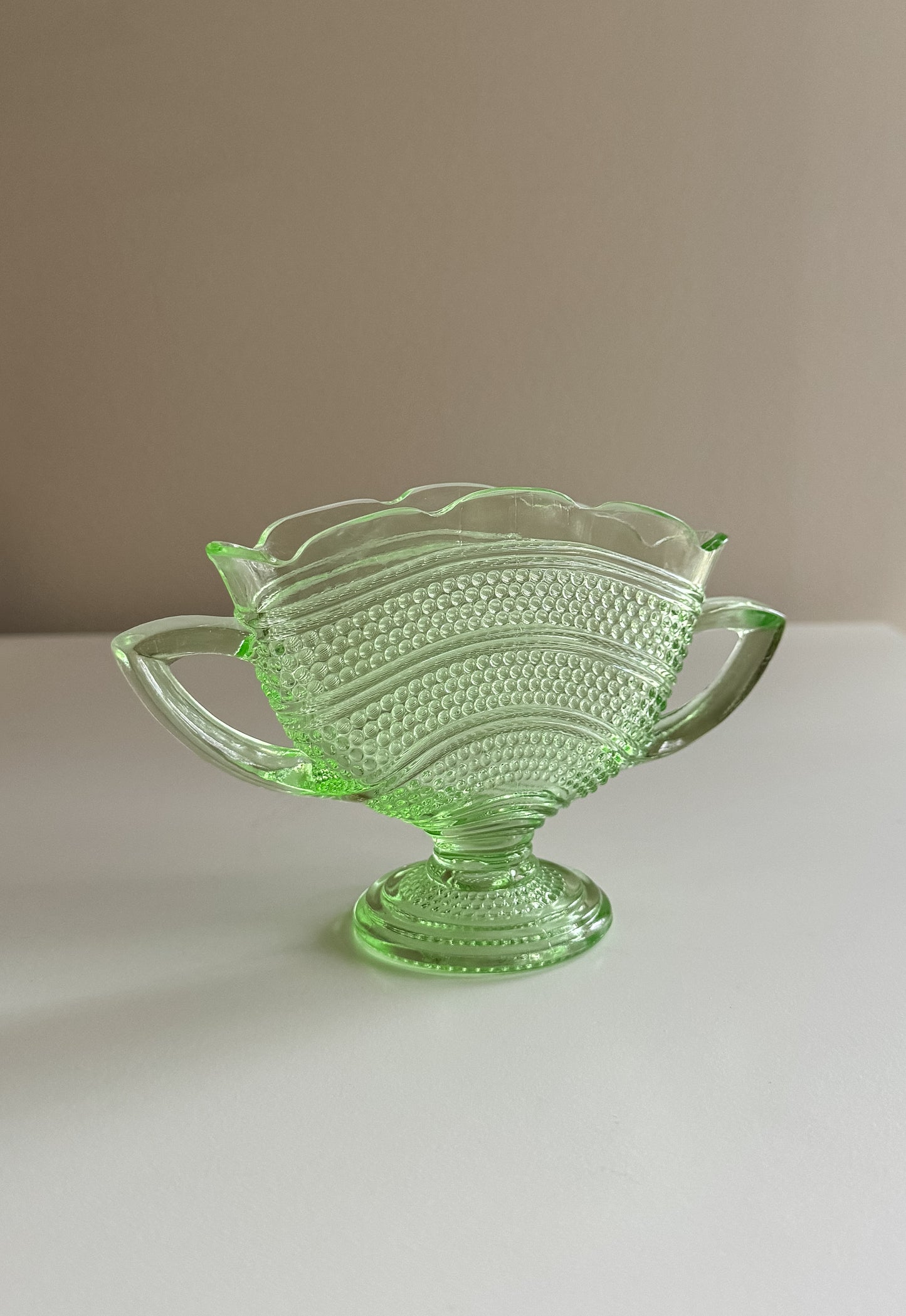 Vintage Uranium Vaseline Green Hobnail Fan Vase With Handles