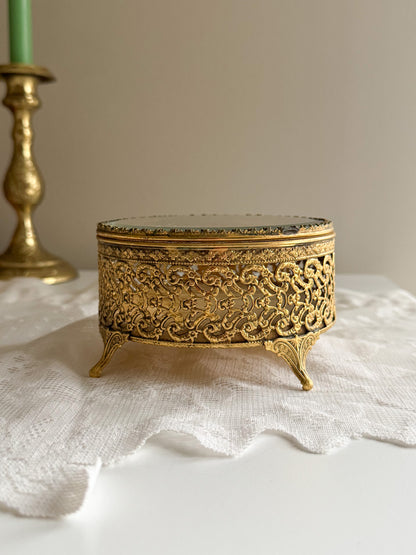 Vintage Hollywood Regency Gold Plated Ormolu Jewelry Casket Round