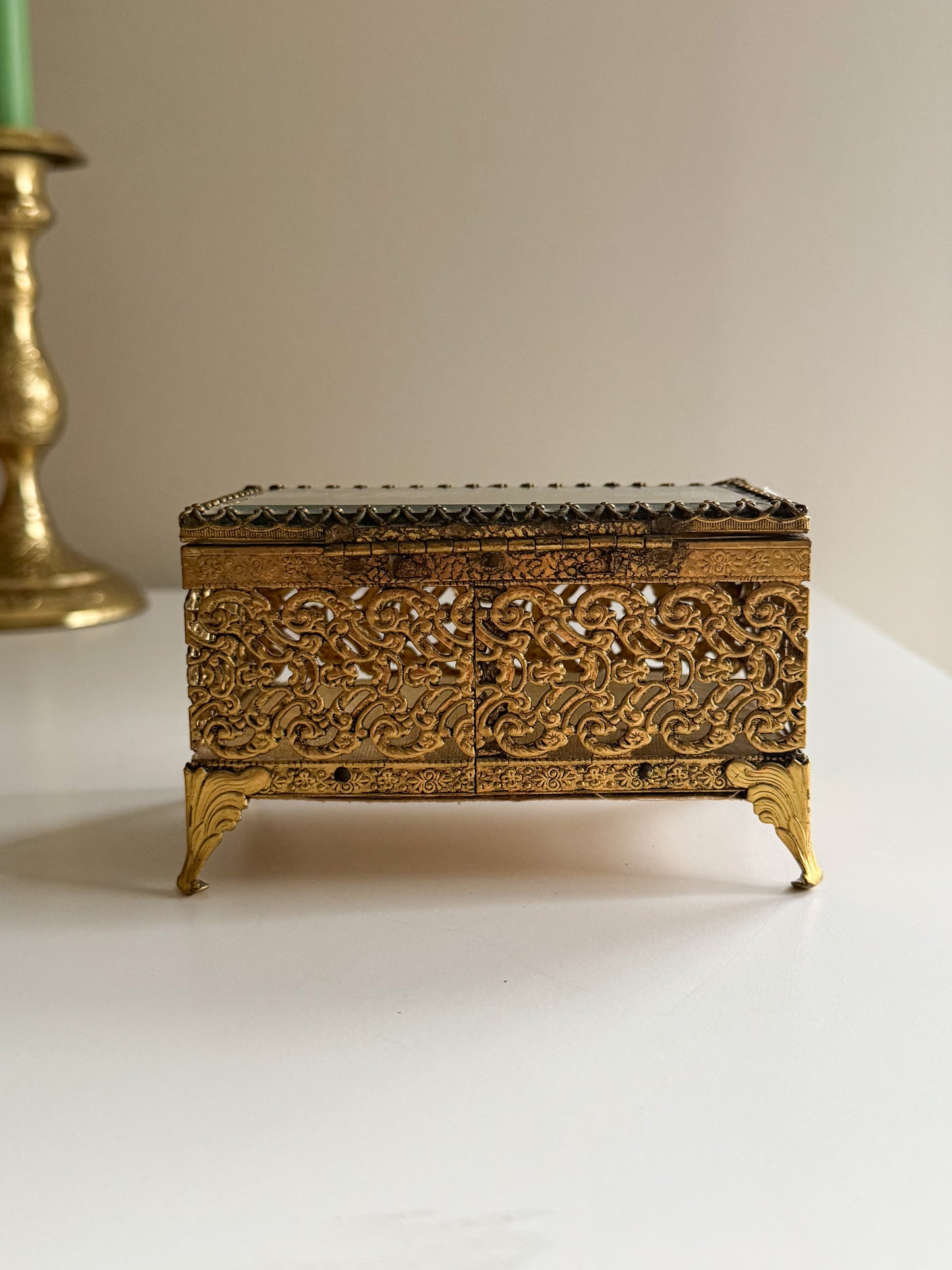 Vintage Hollywood Regency Gold Plated Ormolu Jewelry Casket Rectangle