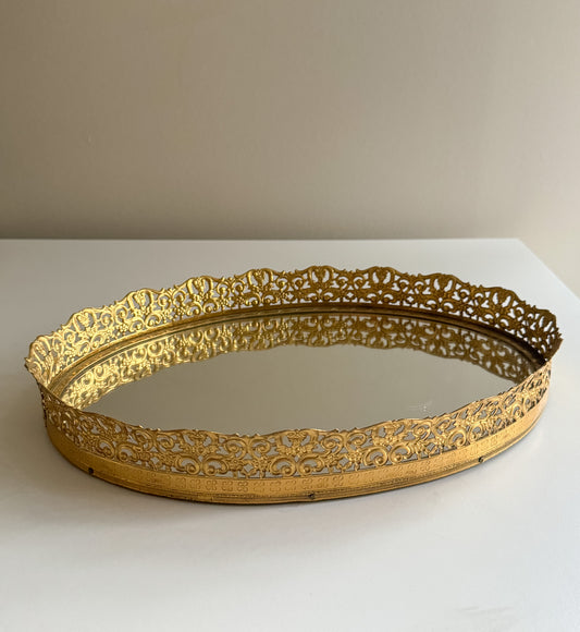 Vintage Hollywood Regency 1970's Ornate Oval Gold Tone Ormolu Mirrored Perfume Vanity Tray