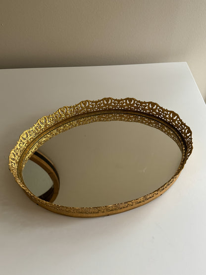 Vintage Hollywood Regency 1970's Ornate Oval Gold Tone Ormolu Mirrored Perfume Vanity Tray