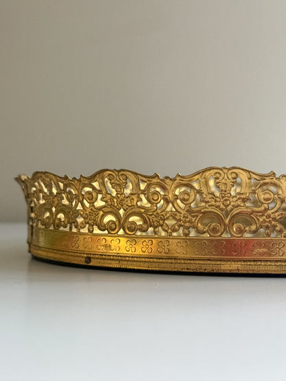 Vintage Hollywood Regency 1970's Ornate Oval Gold Tone Ormolu Mirrored Perfume Vanity Tray