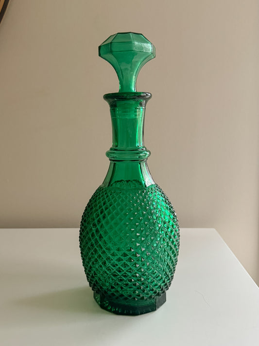 Vintage MCM Forest Green Empoli Style Pressed Diamond Pattern Glass Decanter With Stopper