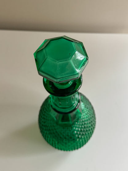 Vintage MCM Forest Green Empoli Style Pressed Diamond Pattern Glass Decanter With Stopper