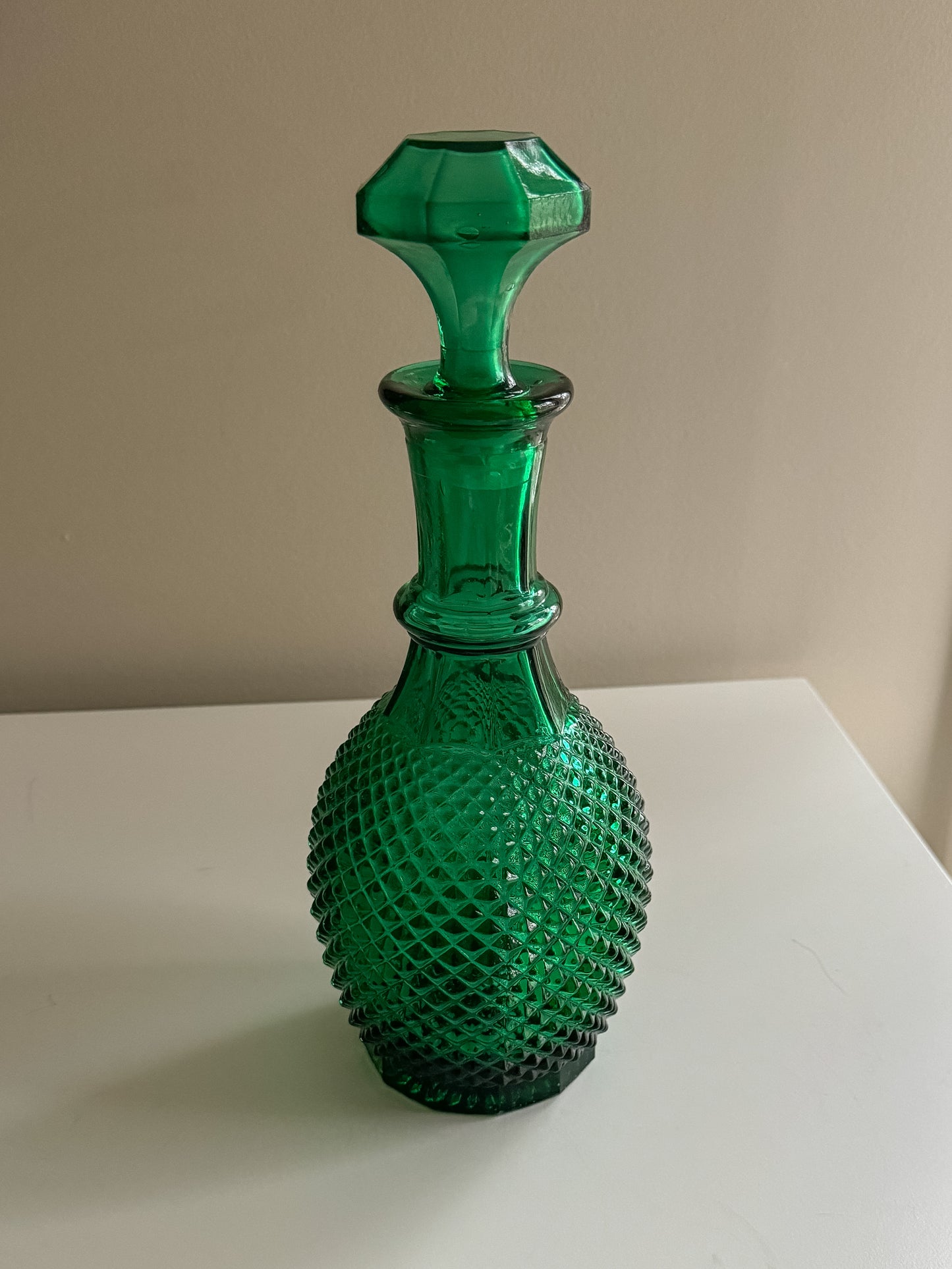 Vintage MCM Forest Green Empoli Style Pressed Diamond Pattern Glass Decanter With Stopper