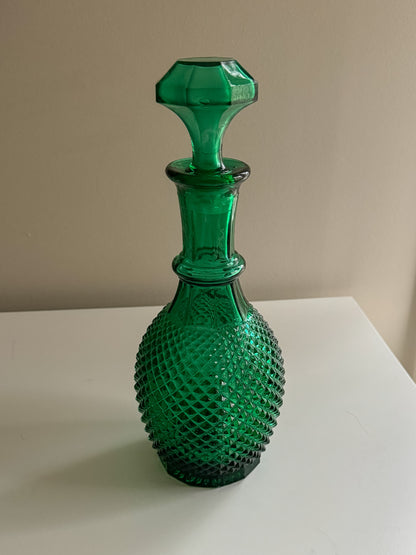 Vintage MCM Forest Green Empoli Style Pressed Diamond Pattern Glass Decanter With Stopper