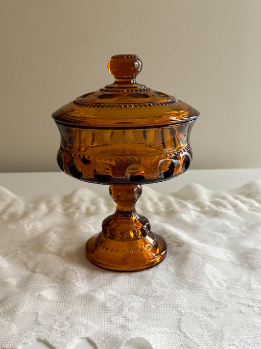 Vintage Indiana Glass Amber Kings Crown Thumbprint Pedestal Candy Dish With Lid