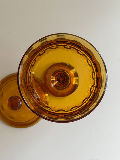 Vintage Indiana Glass Amber Kings Crown Thumbprint Pedestal Candy Dish With Lid