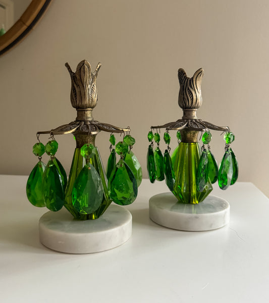 Rare Vintage Ornate Hollywood Regency Green Crystal Candle Holders