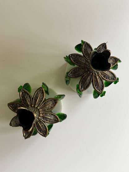 Rare Vintage Ornate Hollywood Regency Green Crystal Candle Holders