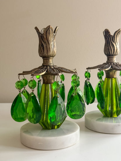 Rare Vintage Ornate Hollywood Regency Green Crystal Candle Holders