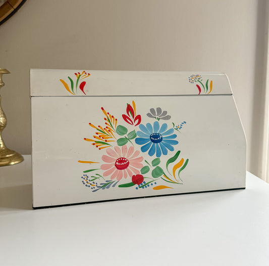 Vintage 1950s Ransburg White Handpainted Floral Tin Metal Wax Paper Paper Towel Holder