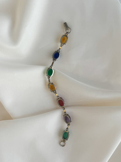 Vintage Multicolor Scarab Bracelet Silver Tone Bezel Set Signed "Coro"