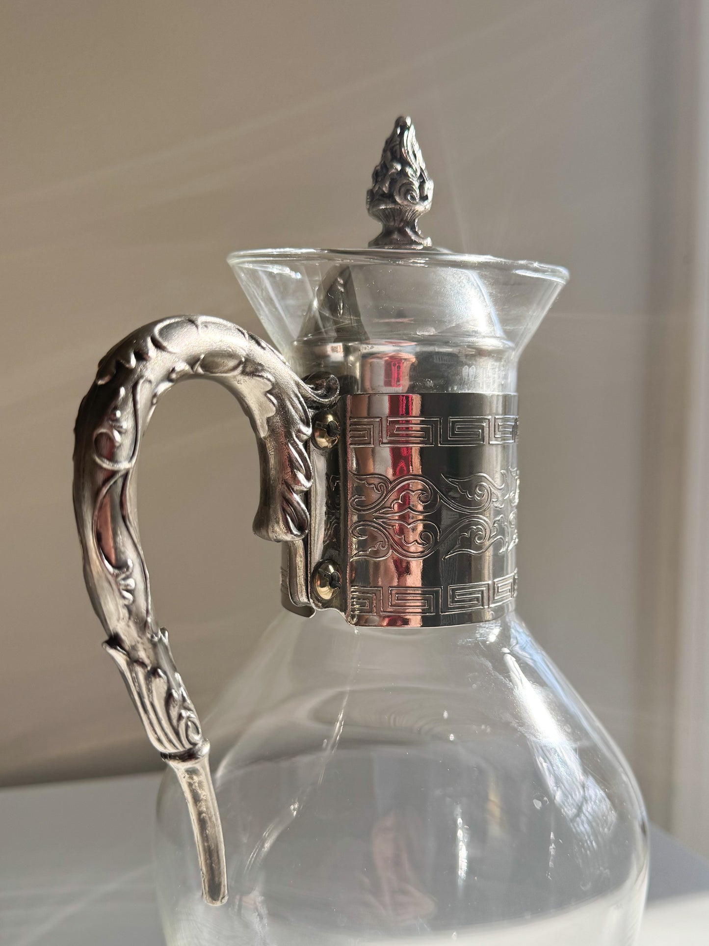 Vintage Mid Century Modern 1960's Silver Plate FB Rogers Glass Water Wine Pitcher Carafe Ornate Handle/Lid