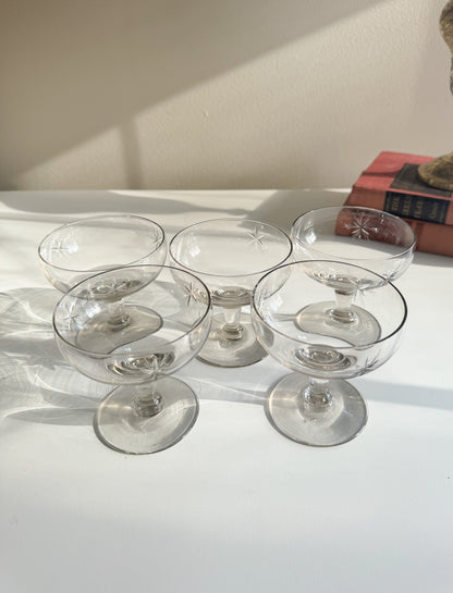 Vintage MCM Champagne Coupe Glasses Atomic Starburst Etched Set of 5