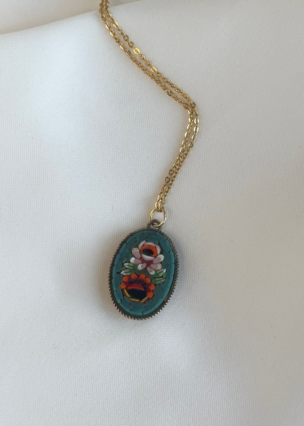 Vintage Italian Floral Micro Mosaic Pendant Necklace