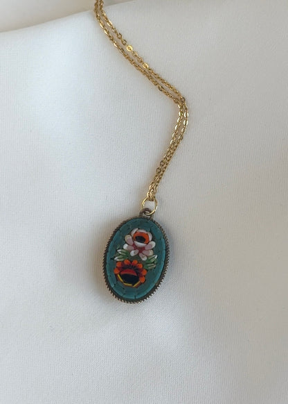 Vintage Italian Floral Micro Mosaic Pendant Necklace