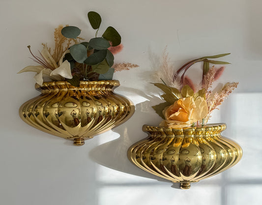 Vintage Home Interiors Gold Shell Hollywood Regency Scalloped Sconce Planters