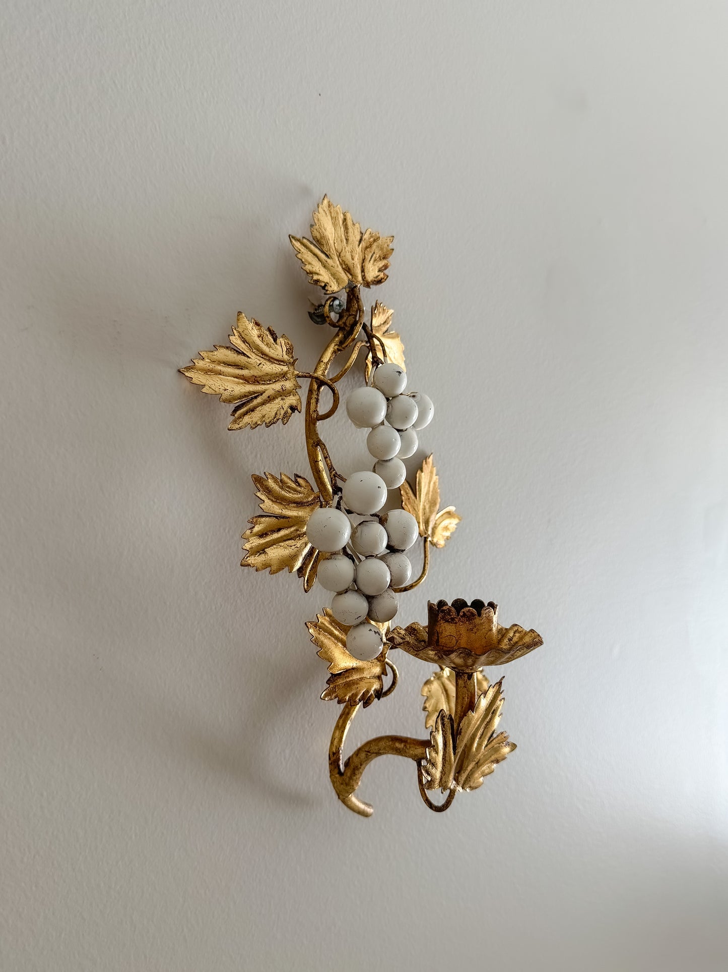 Vintage MCM Hollywood Regency Gilded Metal Italian Grape Vine Wall Candle Sconce