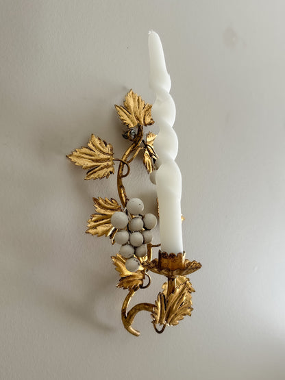 Vintage MCM Hollywood Regency Gilded Metal Italian Grape Vine Wall Candle Sconce