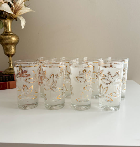 Vintage Mid Century Modern Libbey Frosted Gold Lotus Tumbler Glasses Set of 8