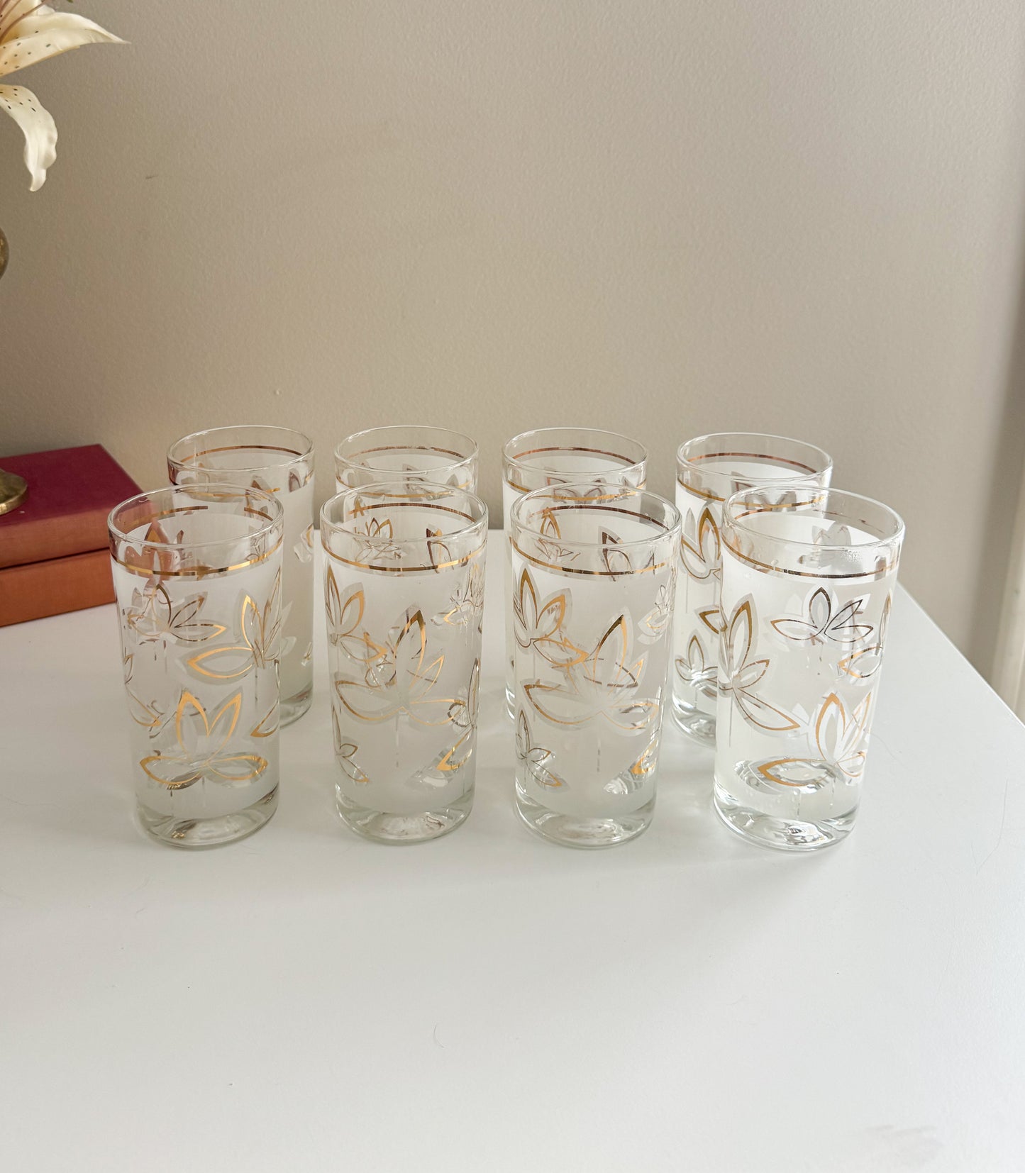 Vintage Mid Century Modern Libbey Frosted Gold Lotus Tumbler Glasses Set of 8