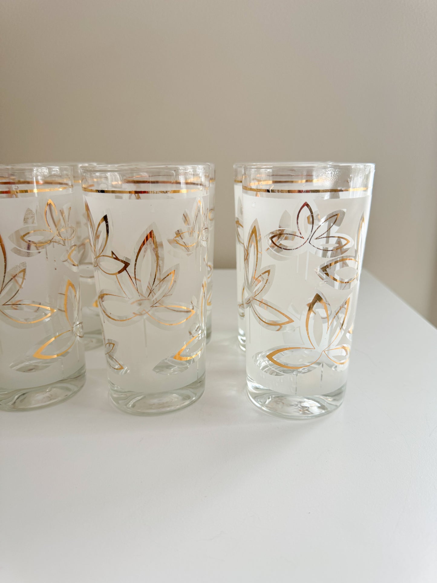 Vintage Mid Century Modern Libbey Frosted Gold Lotus Tumbler Glasses Set of 8