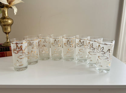 Vintage Mid Century Modern Libbey Frosted Gold Lotus Tumbler Glasses Set of 8