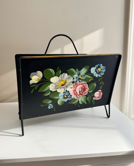 Vintage Mid Century MCM Toleware Floral Hand Painted Magazine Rack