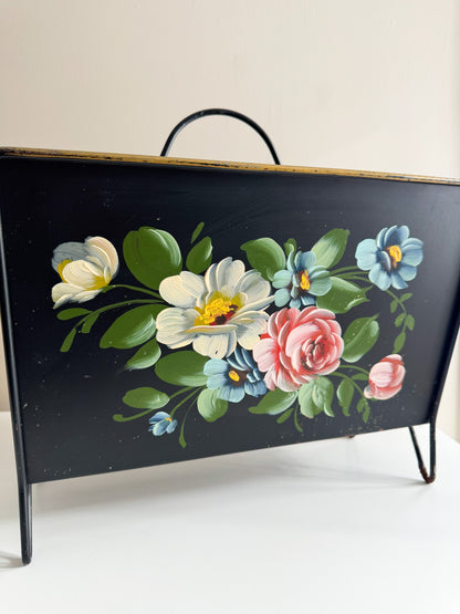 Vintage Mid Century MCM Toleware Floral Hand Painted Magazine Rack