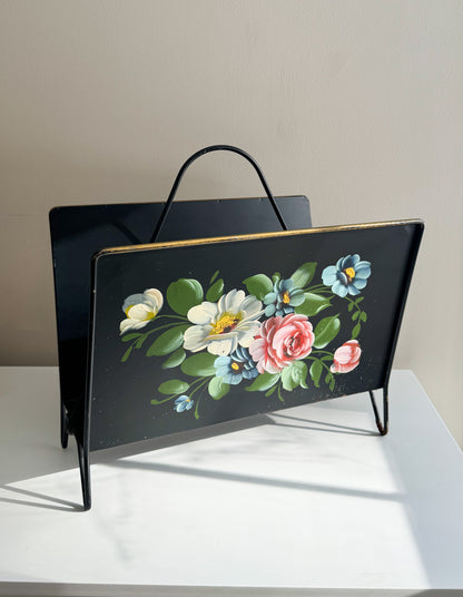 Vintage Mid Century MCM Toleware Floral Hand Painted Magazine Rack
