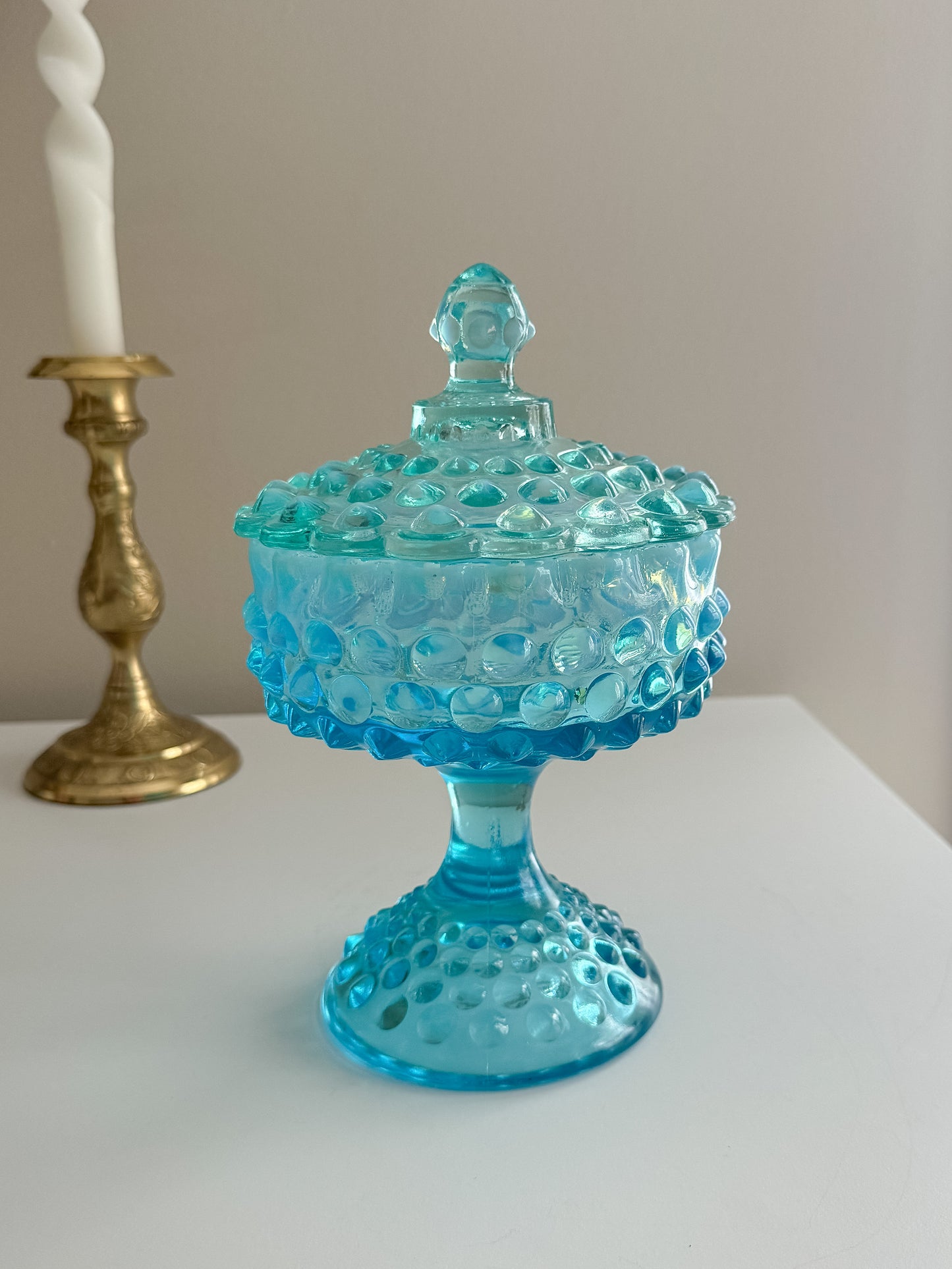 Vintage Fenton Glass Blue Opalescent Hobnail Footed Covered Compote Lidded Candy Dish