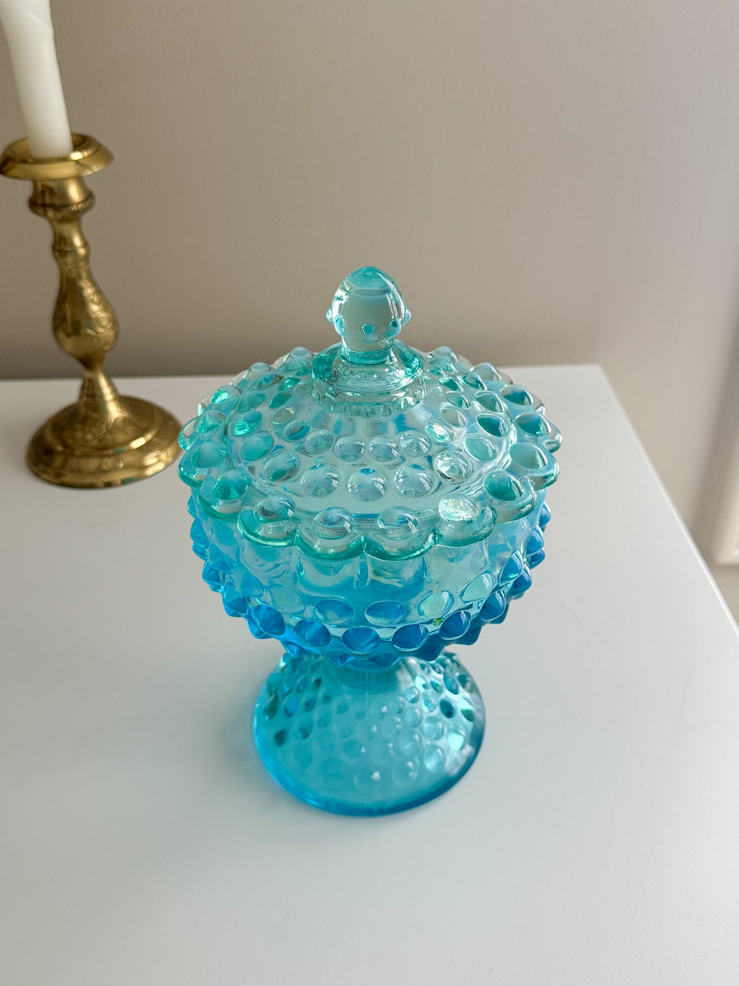 Vintage Fenton Glass Blue Opalescent Hobnail Footed Covered Compote Lidded Candy Dish