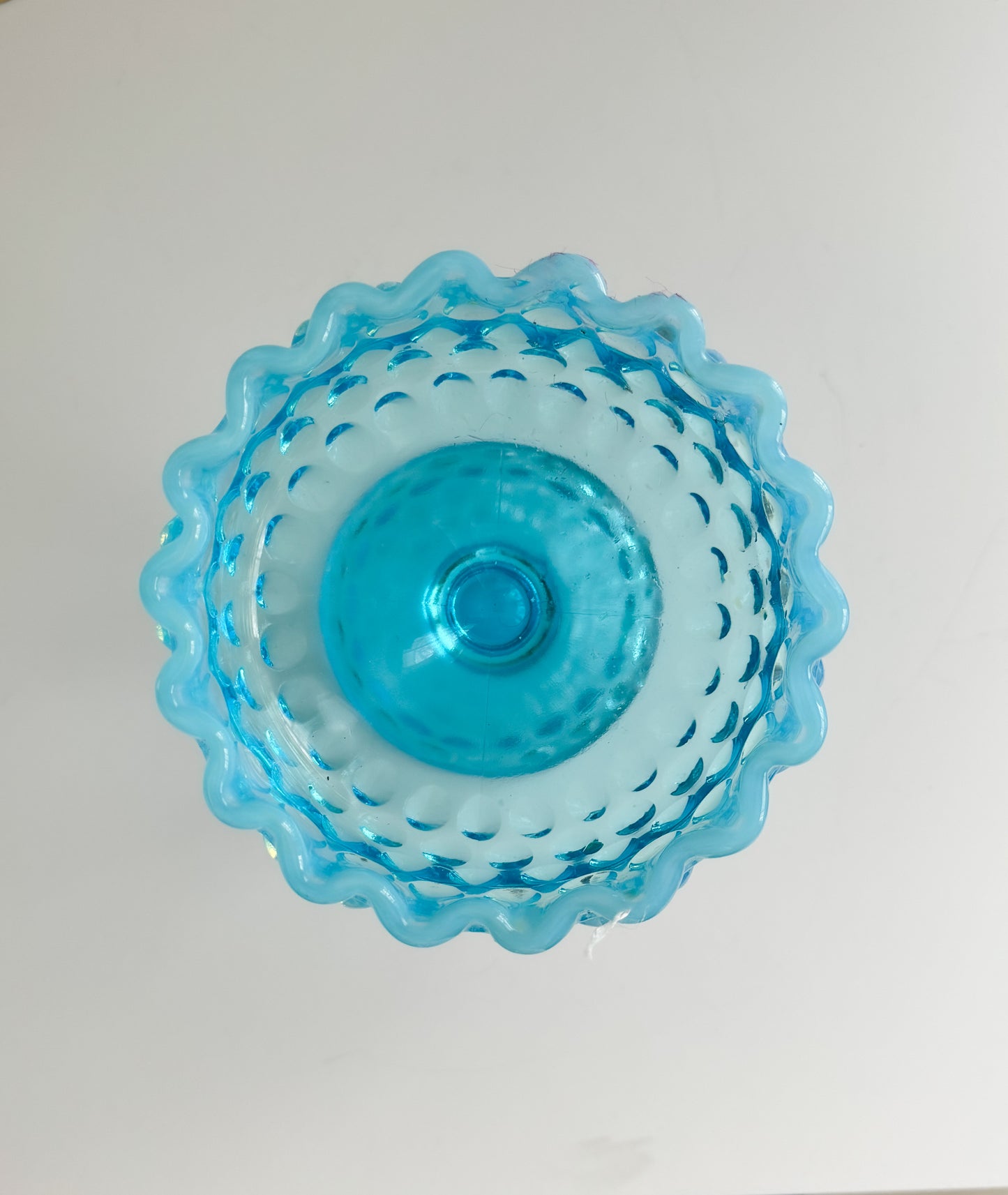 Vintage Fenton Glass Blue Opalescent Hobnail Footed Covered Compote Lidded Candy Dish